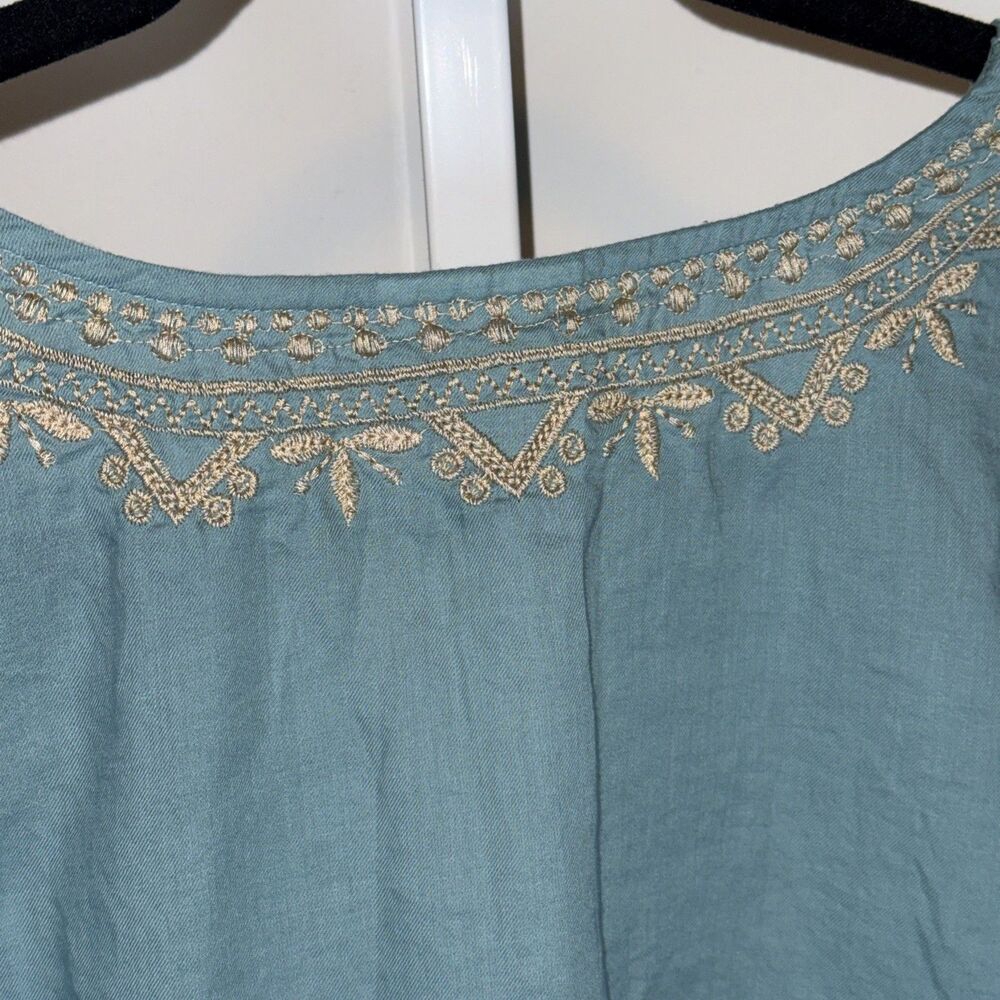 J Jill Detailed Embroidery Soft Cotton Twill Top V Neck Boho Blue/Tan XL $99 - Picture 9 of 10